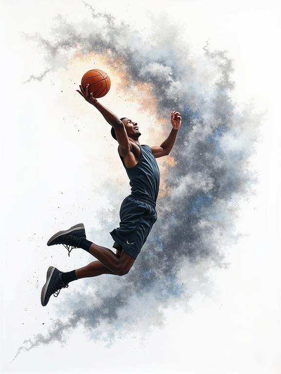 Dynamic expressive oil painting of basketball player mid-dunk. Explosion of silver nebula surrounds player. Swirling clouds in silver and platinum shades. Energetic brushstrokes. Cosmic theme background. Clear lines and bold contrasts. Plain white background for balance.