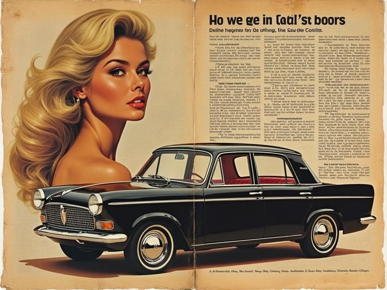 A sepia-toned pop art collage features a blonde model in a miniskirt next to a 1962 Humber Super Snipe sedan. The design incorporates vintage textures with warm golden lighting. Includes newspaper decoupage with two columns of text and a profile view of the model alongside the car. The car has a black exterior and red interior.