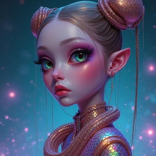 Detailed portrait of a humanoid alien influencer with iridescent skin and large, enchanting eyes. Attire has a metallic sheen and gemstone accessories. Background features cosmic nebulae and stardust-like particles. The pose is dynamic and fashion-forward.