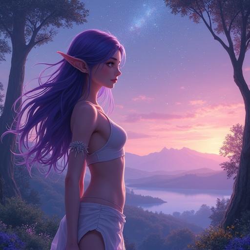 Gorgeous elf girl with purple galaxy hair stands in a beautiful natural landscape. She has small breasts and wide hips. Semi-realistic anime style.