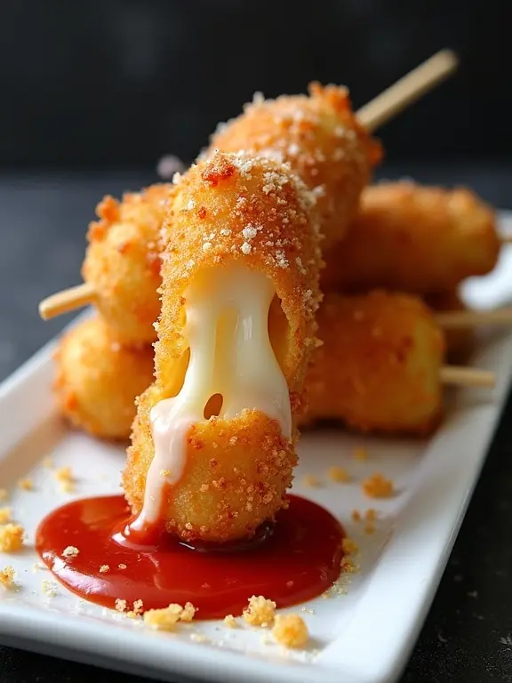 Crispy golden-brown Korean corn dog on white plate. Melty mozzarella cheese stretches from the first bite. Tiny batter crumbs around base. Light ketchup drizzle zigzags across top. Dark slate background.