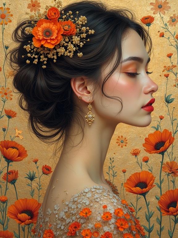 Portrait of a woman with a floral arrangement in her hair against a golden background. Her profile shows delicate features and soft makeup. Vibrant orange flowers complement the background and her attire.