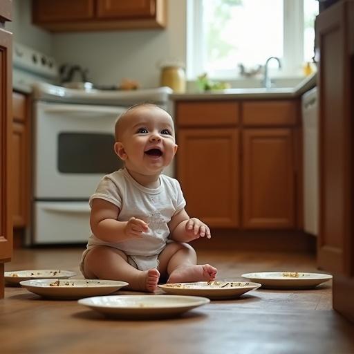 A baby sits on the floor of a kitchen. Plates are scattered around. The kitchen has wooden cabinets and a soft sunlight streaming in through the window.