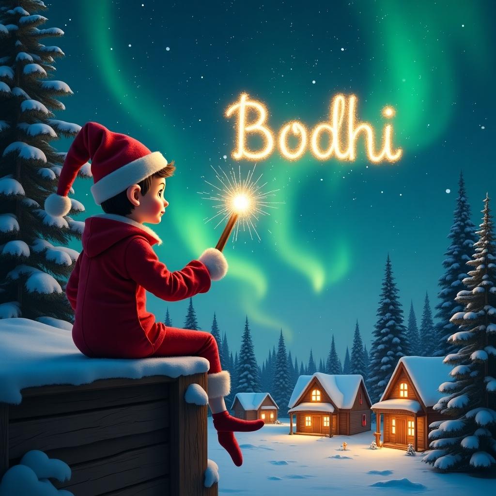 An elf dressed in red with a pointed hat sits on a wooden ledge. The elf holds a sparkling wand and writes ‘Bodhi’ in the night sky. Background shows a snowy landscape with houses and evergreen trees under Northern Lights. Scene represents childhood magic and Christmas cheer.