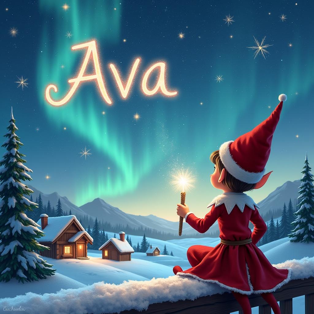 Elf in red outfit sitting on ledge looks at magical night sky. Elf writes name 'Ava' with sparkling wand. Snowy background with houses trees under Northern Lights. Illustrates childhood magic and Christmas spirit. Names 'Natasha' and 'Ada' are added.