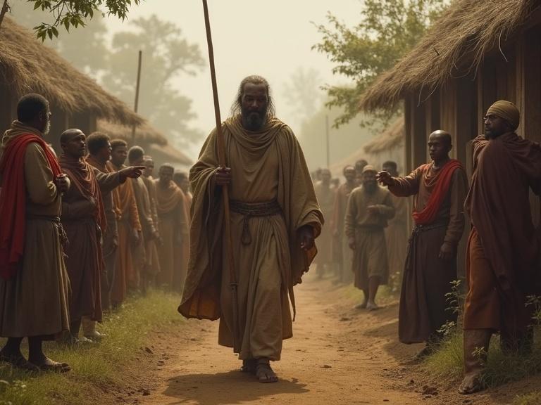 Enoch walks away from a village. Villagers whisper and point. Realistic style emphasizes the muted tones. Vertical composition in 9:16 aspect ratio.