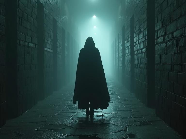 A soul walks in a conceptual prison. An ambiguous figure is in a gloomy hallway. The walls are translucent dark bricks with ghostly scenes. The floor has puddles reflecting tearful faces. The figure wears simple clothes with a heavy cloak woven from guilt. The only light is distant and faint, creating long shadows.