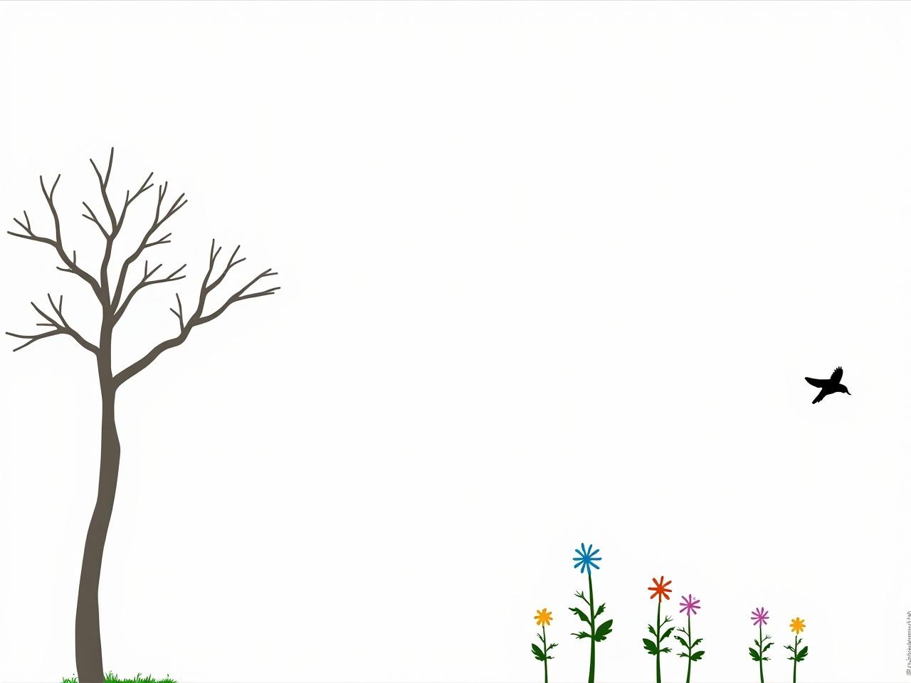 This image features a minimalist design with a tree on the left side, gracefully extending its branches across the white canvas. On the right, colorful flowers bloom vibrantly, bringing a pop of color to the otherwise stark background. A small bird is depicted mid-flight, symbolizing freedom and the beauty of nature. This serene scene evokes feelings of peace and tranquility, making it suitable for various artistic uses. The overall composition harmonizes the simplicity of the tree with the brightness of the flowers, creating an inviting visual experience.