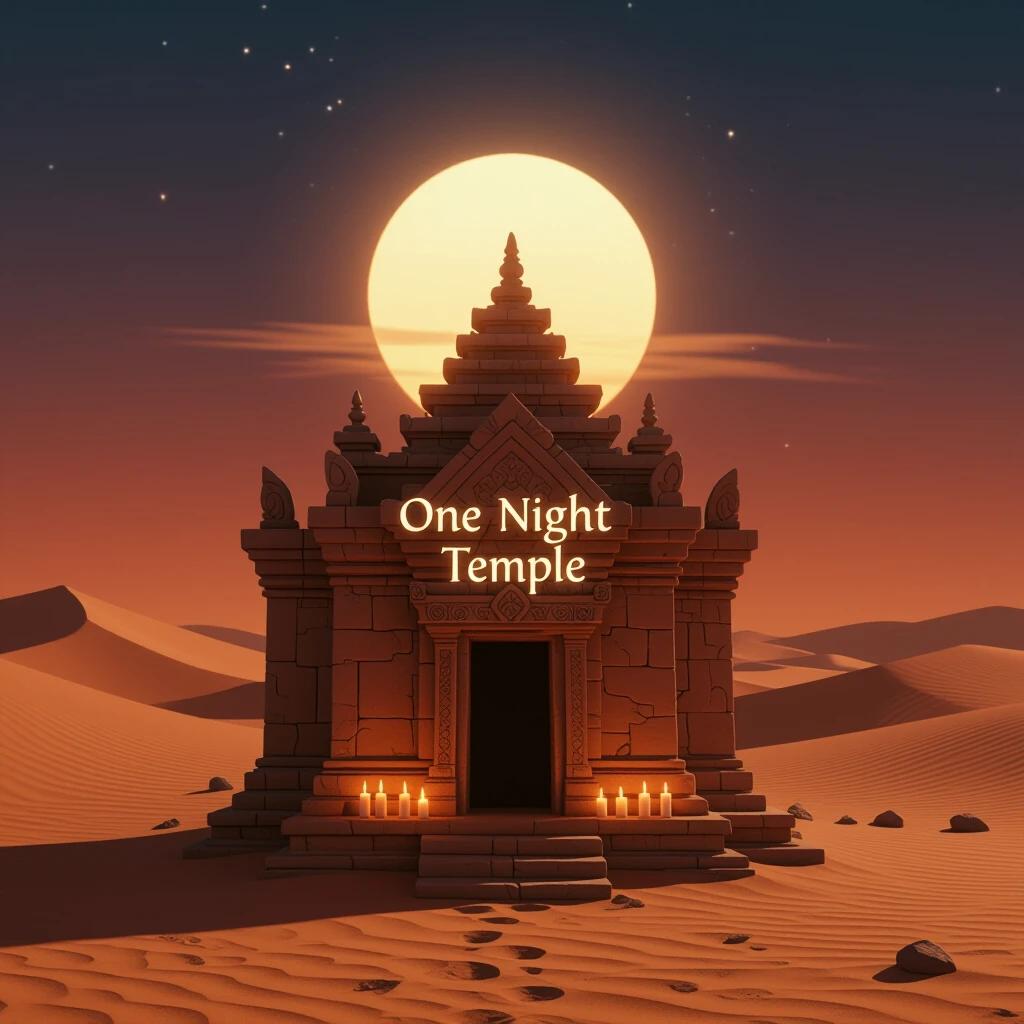 A small ancient temple stands in a desert. Candles are lit at its base. A strong reddish light fills the sky. The center features the text 'One Night Temple'.