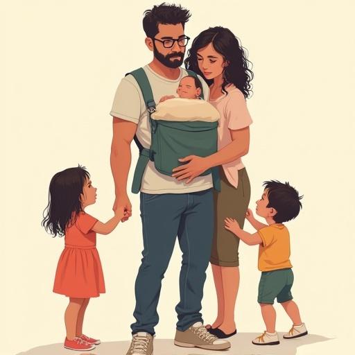 Illustration of a tired man holding a baby in a baby carrier while holding the hands of two small girls on each side. A woman leans on his back, looking at her phone, symbolizing the weight of responsibilities. Digital drawing style with soft colors and an expression of exhaustion on the man.