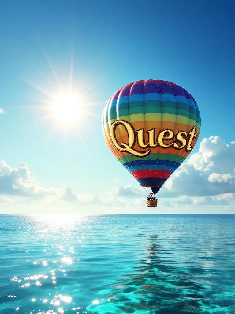 A vibrant hot air balloon floats over clear turquoise waters. The balloon has colorful stripes and the word 'Quest' in shiny gold letters. A bright sun shines in a clear blue sky. Soft clouds are visible on the horizon. The water reflects sunlight gracefully.