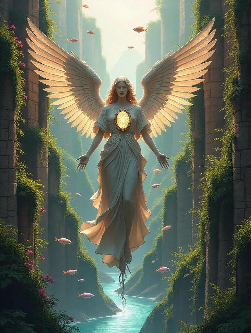 An angel like a Greco-Roman statue with glowing roots. It has willow-like wings and an oval mirror instead of a face. The angel tends a vertical garden in a deep canyon. Uncommon plants bloom in bright colors. A river of light flows below with stained-glass fish. Several suns and moons illuminate the horizon. Hummingbirds pollinate colorful flowers.