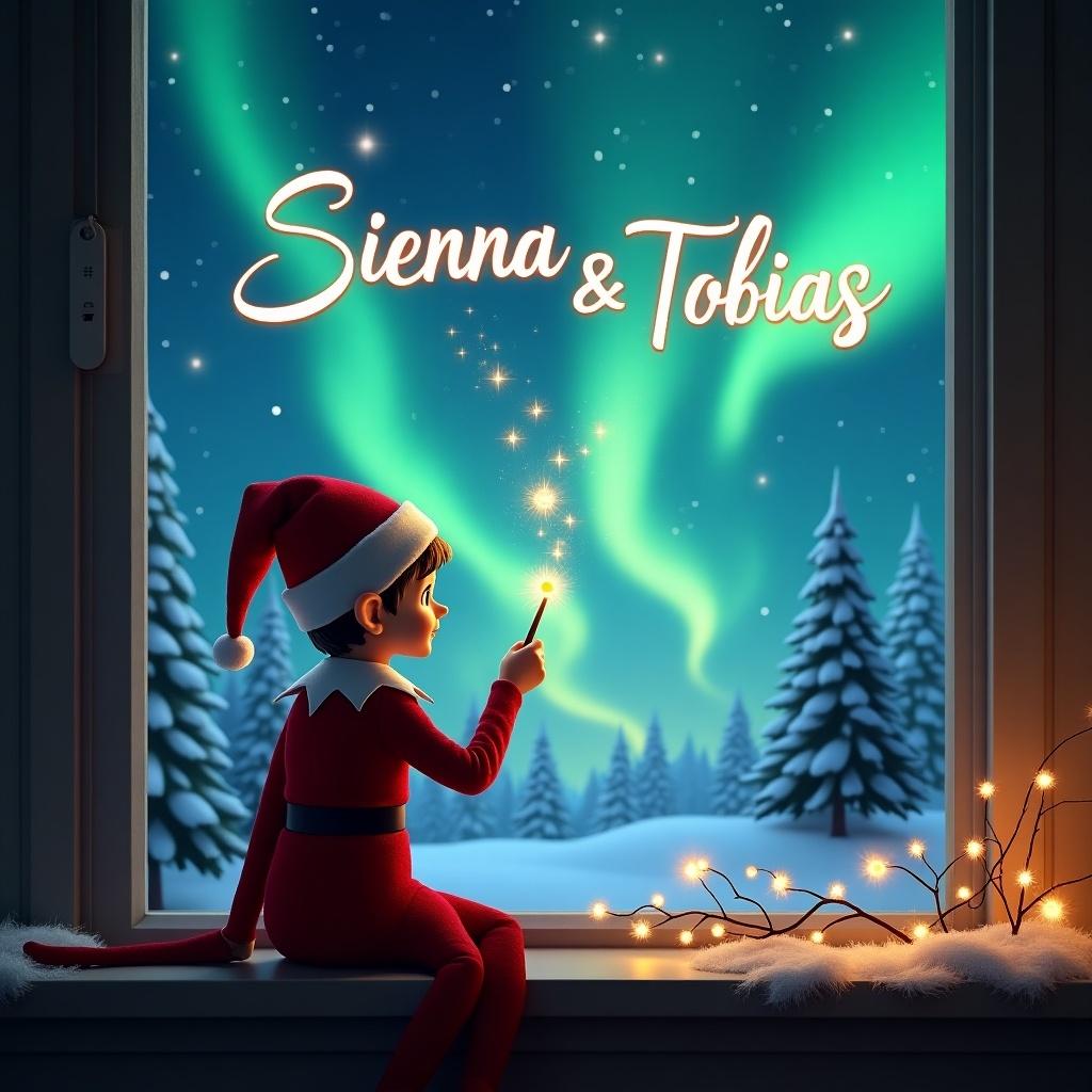 This image features an elf on the shelf, depicted from the back, gazing out a window. The elf is using a wand to magically write the names 'Sienna & Tobias' in the starry night sky. The background is filled with enchanting northern lights and a hint of a snowy landscape with Christmas trees. Soft lights from indoors illuminate the scene, giving a warm feeling. This whimsical setting captures the essence of holiday magic and joy. It's perfect for celebrating Christmas with a personal touch.