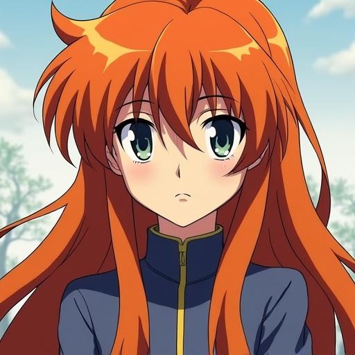 Portrait of Asuka Langley Soryu with long orange hair wearing a blue outfit. She has expressive green eyes and a subtle blush on her cheeks. Background is an outdoor scene with a soft focus.