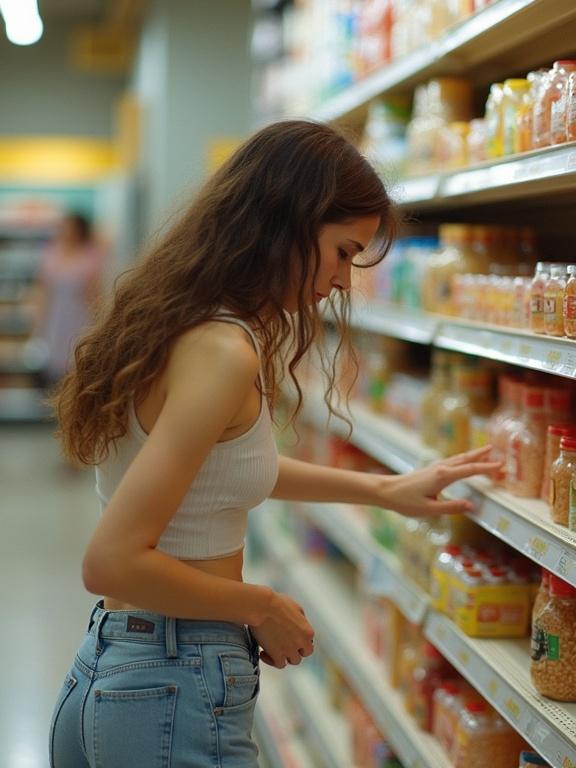 Mother reaching for groceries from the lower shelf. Supermarket setting. Casual outfit with sleeveless top and jeans. Many colorful bottles in shelves. Bright store lighting. Natural shopping environment.