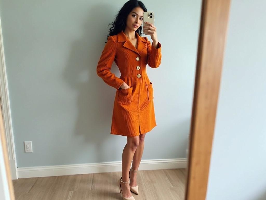 The image features a stylish person taking a mirror selfie. They are dressed in an elegant, textured orange dress with golden buttons and pockets. The dress has a sophisticated cut, fitting closely to the body, accentuating the wearer's silhouette. They are wearing beige high heels that complete the chic look. The background is a softly colored room, with light blue walls and a neutrally toned floor. A large mirror reflects the outfit and the pose, adding depth to the image. The person has their head slightly tilted as they confidently pose for the photo.