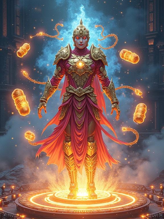 A Tamang‑featured hero wears semi‑transparent armor. Six floating vajra relics spin around them. Sacred circuitry pulses along their limbs. They hover above a circuit mandala altar glowing with divine energy. Dynamic poses feature thick outlines and vibrant highlights. Halftone gradients add depth in comic framing.