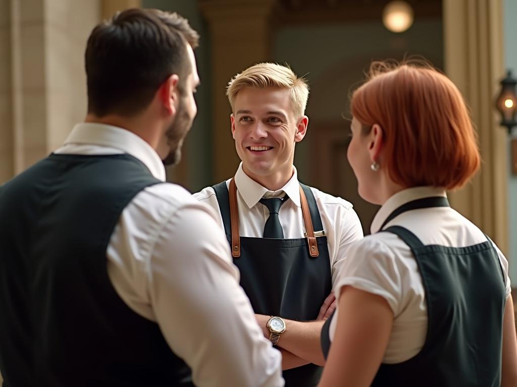 Two waiters with their backs turned observe a third waiter engaging a guest. One waiter is muscular with dark hair, while the other has short red hair. The blond waiter smiles at the guest, creating a warm atmosphere. All three are standing in a vibrant setting.