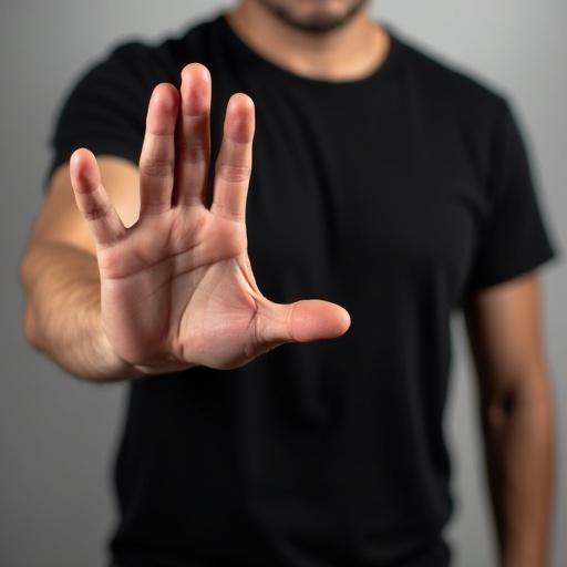 Close-up of a man's chest and stomach wearing a black t-shirt. Right hand raised in front, palm outward in stop gesture. The face is not visible. Posture shows alarm and warning. Tense body language is evident.