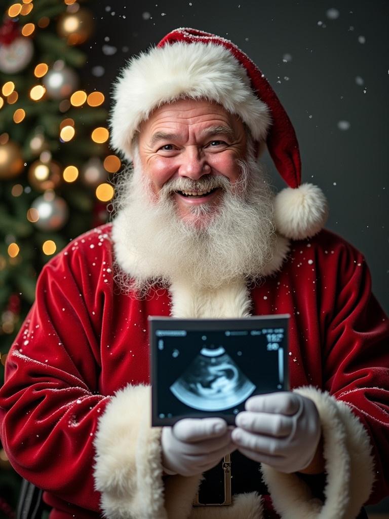 Santa Claus smiles while holding an ultrasound image in his hands. Santa wears a traditional red suit with white fur trim. In the background, a decorated Christmas tree stands, adorned with ornaments. Snowflakes gently fall, creating a winter wonderland atmosphere.