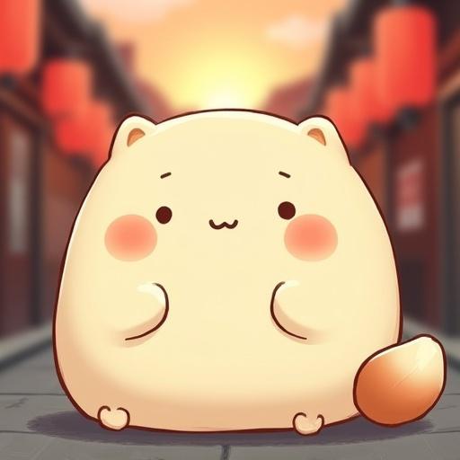 Original character named Uomaru with a round cream body short arms in sitting posture simple eyes and red cheeks brown tail short ears Japanese sunset street with lanterns in background