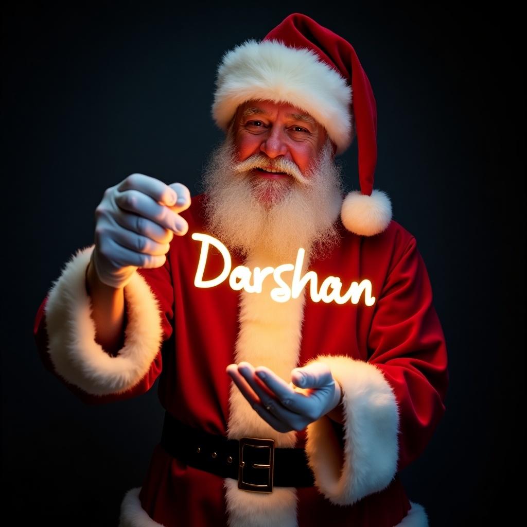 Image shows Santa Claus in a red and white suit. He holds a glow stick that writes the name Darshan in light. Santa looks festive and cheerful. The background is dark to highlight the glowing text. The scene captures Christmas magic and joy.