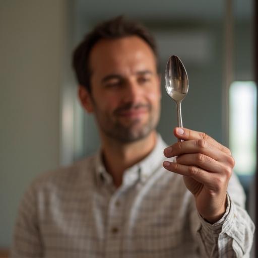 A man stands in a kitchen. He takes a selfie while holding a spoon. Natural light brightens the room. The man appears to be enjoying the moment. The background includes kitchen items.