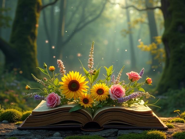 Hyperrealistic image of an open antique book with dark leather covers and gold embossing. Illustrated pages emit luminous green buds and flowers like sunflowers, roses, and lavenders. Enchanted forest background with tall trees and soft lights filtering through leaves. Dreamlike atmosphere with luminous particles and a clear center space for integration.