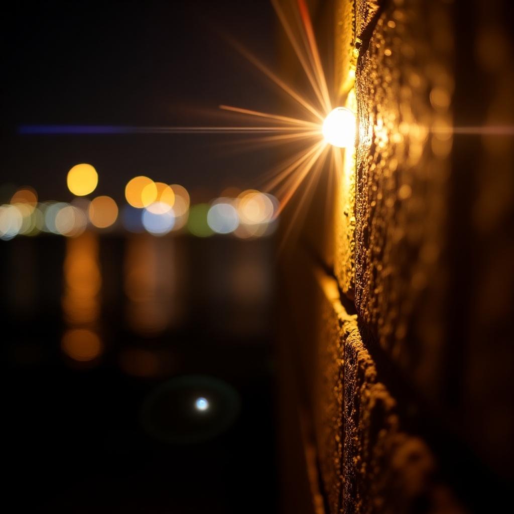 The image captures a bright light source near the top right, creating a lens flare effect with vivid streaks across a dark background. Below, a series of circular bokeh lights appear in soft focus, suggesting distant city lights reflecting over water. This photograph showcases a textured wall illuminated by a star-like light. The warm glow of the light adds depth and interest to the composition. In the background, blurred city lights twinkle like stars in the distance, contributing to a dreamy ambiance. The reflection on the water enhances tranquility, blending urban aesthetics and natural beauty.