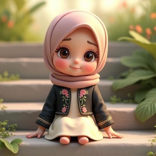 A cute 3D kawaii illustration girl wearing a pastel-colored hijab. Sitting on outdoor stone steps. She wears a stylish black jacket with floral embroidery and a flowing cream-colored skirt. Her eyes are expressive and friendly. A gentle smile on her face. Background features soft greenery and warm natural light. Creating a calm and cozy atmosphere. Soft, smooth, and colorful art style. Adorable and heartwarming mood.