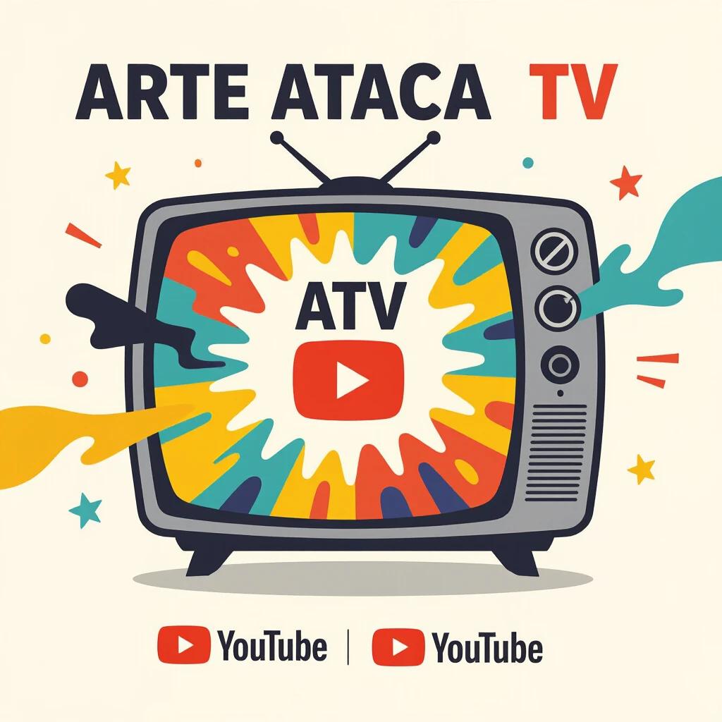 Visual representation of Arte Ataca TV YouTube channel. Shows a vintage television set with colorful splash elements and YouTube logos. Evokes creativity and artistic expression.