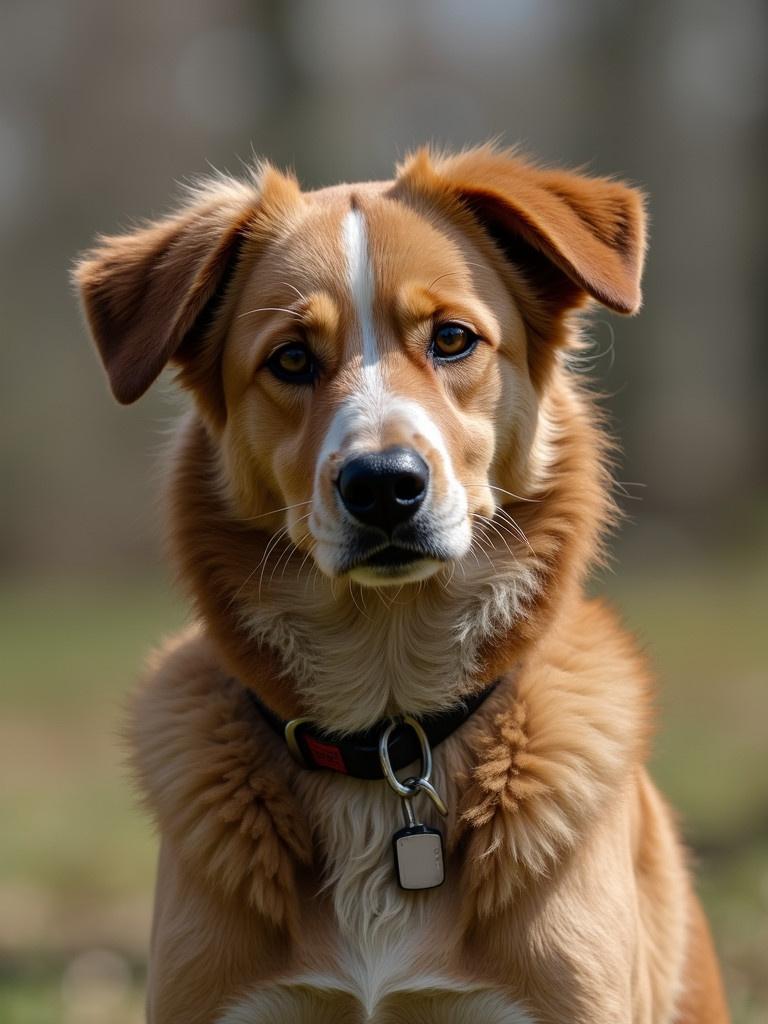 Picture of a dog with fluff on the chest. The dog is sitting outdoors in a blurred background. The dog wears a collar.