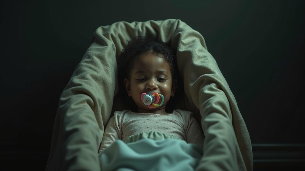 Surreal emotional scene with child in casket. Light emphasizes drama. Child has pacifier and looks tense. Mother smiles and plays with rattle. They share last moments. Child expresses fear of dying. Mother explains circumstances. Grave site is prepared. Family attends funeral.