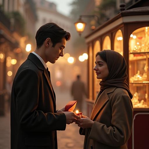 Young man presents a dazzling ring to young woman at doorway. Romantic atmosphere with warm light. Jewelry store in background. 70s vintage style. Sweet moment of surprise and joy.