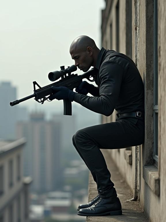 Hyperrealistic depiction of a sniper on a building. Sniper aiming through a scope while crouched. Show muscular build in black suit. Focus on stealthy position and urban background.