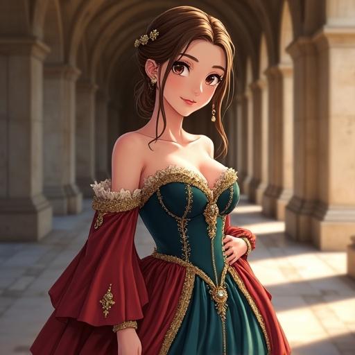 Anime noblewoman in a luxurious medieval fantasy setting. Elegant gown with rich colors and golden embroidery. Long chestnut hair styled with ribbons. Serene expression and refined posture. Standing in a majestic stone corridor illuminated by soft light.