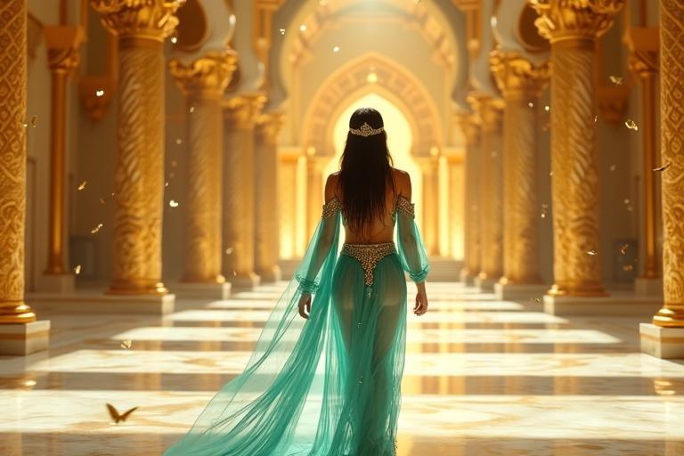 A princess walks in a golden temple on a marble floor. She wears a turquoise dress with gold details. Her hair is wet and shiny. She moves toward a glowing throne. Butterflies float in the air. The scene is magical and cinematic.