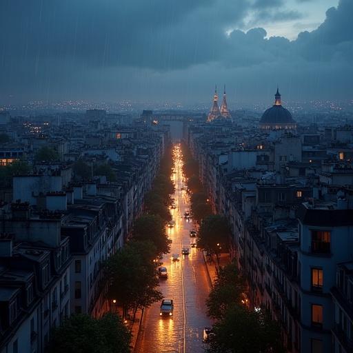 Aerial view of Montmartre neighborhood in Paris at night during rain. The scene showcases illuminated streets and iconic architecture.