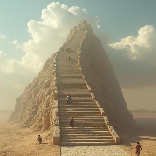 Photorealistic staircase in desert with shadowy figures climbing. Staircase stretches into clouds creating a surreal feel.