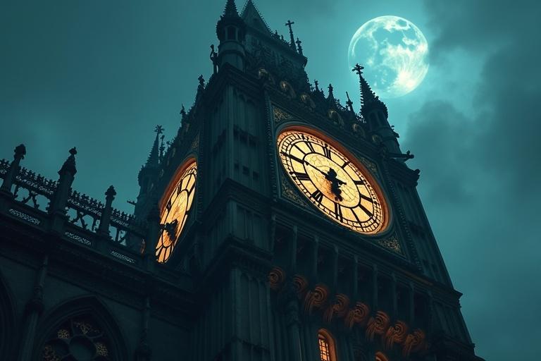 A Gothic cathedral clock tower stands tall in the night. Ethereal spirits swirl around the clock. Moonlight shines through rose windows. The clock approaches the witching hour with ghostly forms dancing.