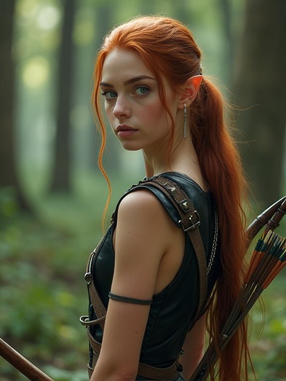 Photorealistic image of a pretty young elf woman with long auburn ponytail and vibrant blue eyes. She has smooth sun-kissed skin and an athletic body. A focused expression shows her vigilance. She wears a sleeveless black leather leotard covered by a long vest of vibrant white chainmail. She stands in a deep forest clearing with a bow and arrow in her hands and a quiver on her back loaded with arrows. The image is zoomed out to show her full body.