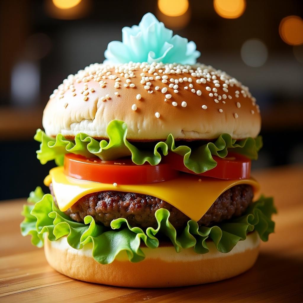 Hamburger crafted with icebergs as buns topped with fresh toppings. Showcasing lettuce, tomato, cheese, and colorful details. Capture inviting and vibrant composition.