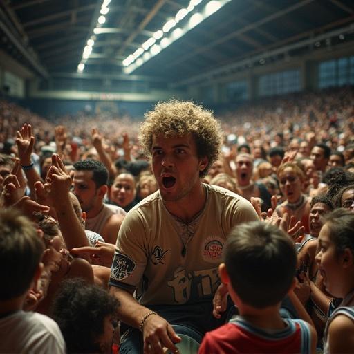 Excited crowd at a packed sports event. Fans are engaged and cheering passionately showing expressions of joy and excitement.