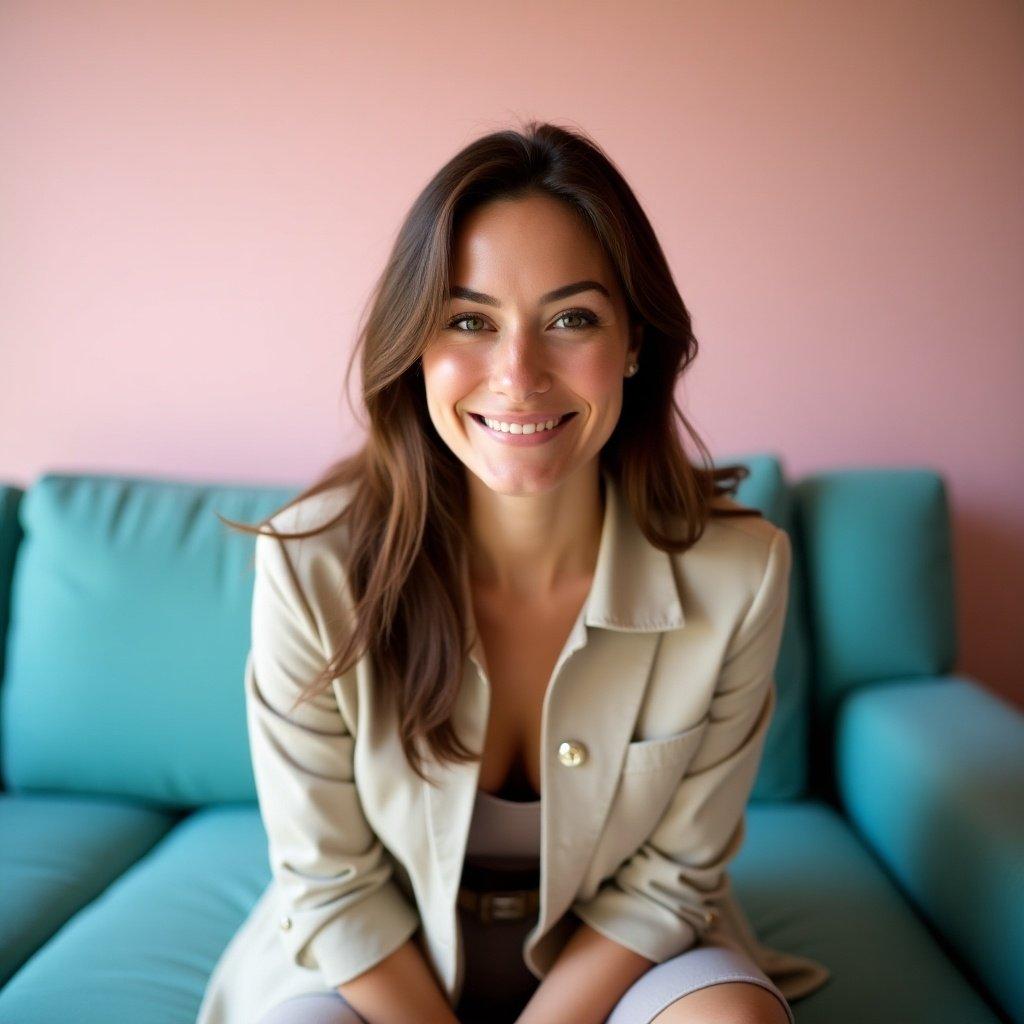 Woman sitting from waist up on aqua couch. Light pink wall in the background.