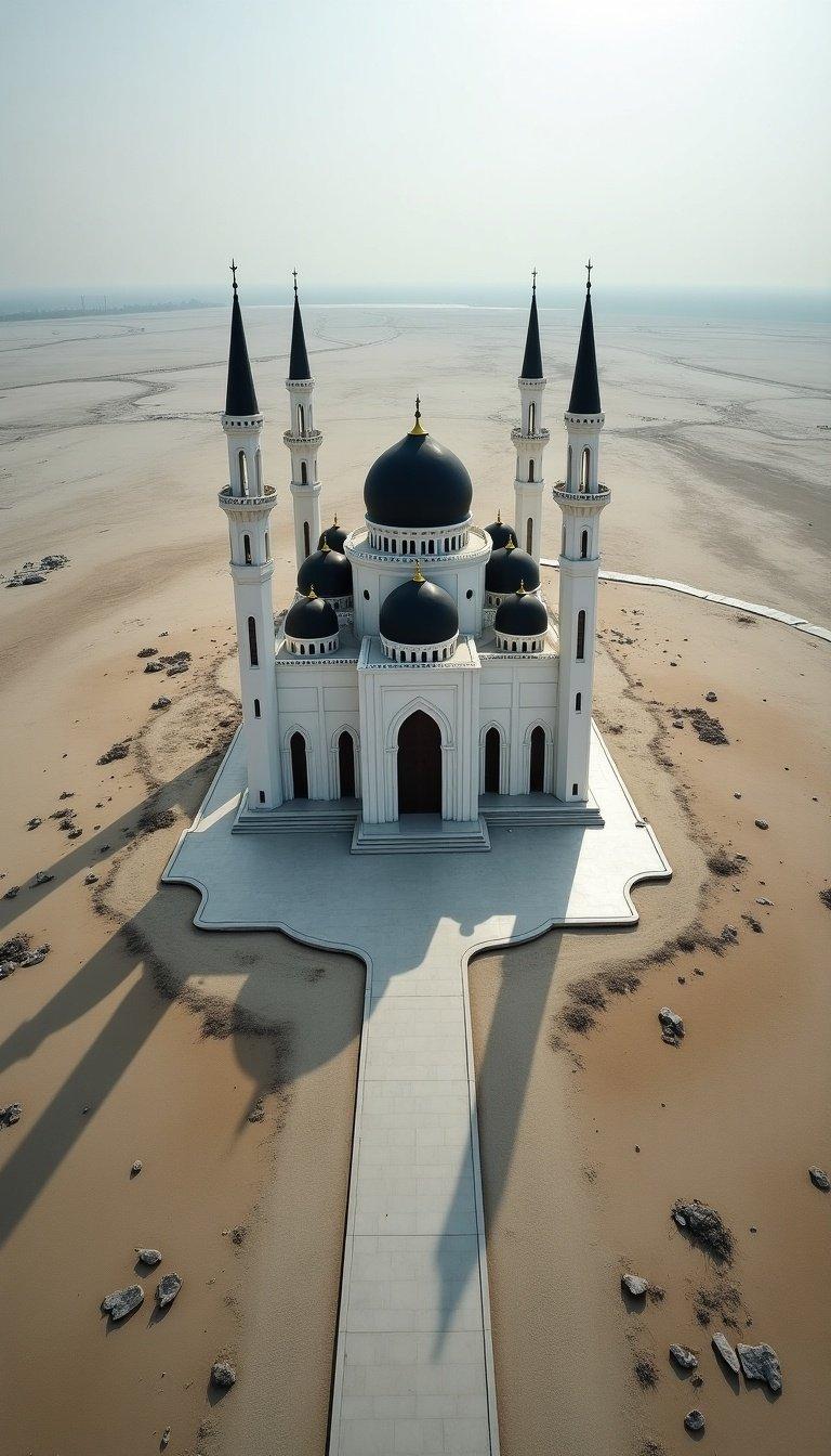 Aerial drone view of the Baiturrahman Grand Mosque in Banda Aceh, Indonesia. Mosque features black domes and white structure. Vast barren landscape surrounding the mosque. The setting illustrates aftermath of the 2004 tsunami. Sky is soft and overcast, creating a reflective atmosphere. Scene contrasts mosque's beauty with surrounding devastation.