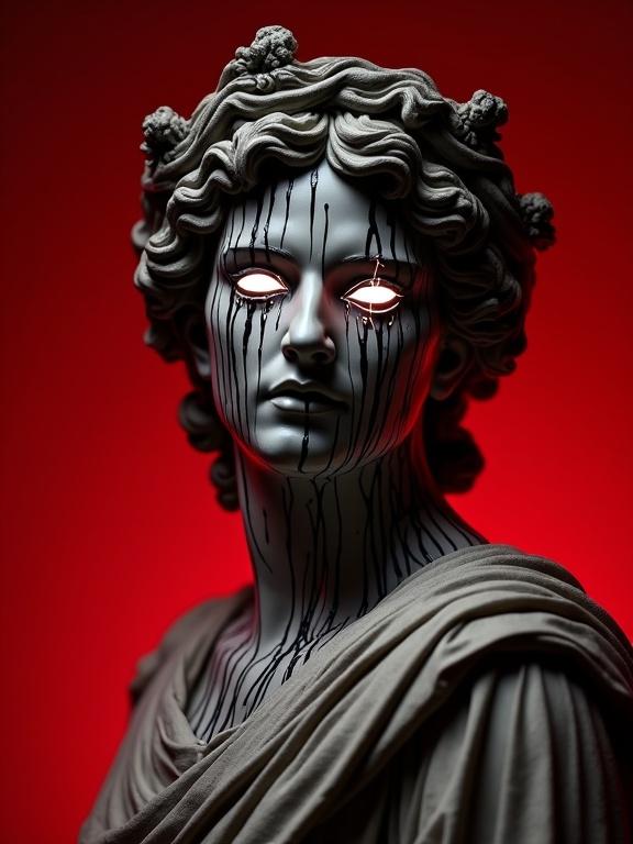 Statue of a classical figure with wavy hair wearing a wreath. Dripping black paint down the face. Vibrant red background. Eyes glowing with lightning. Full height. Made of marble. Masculine and stoic expression.