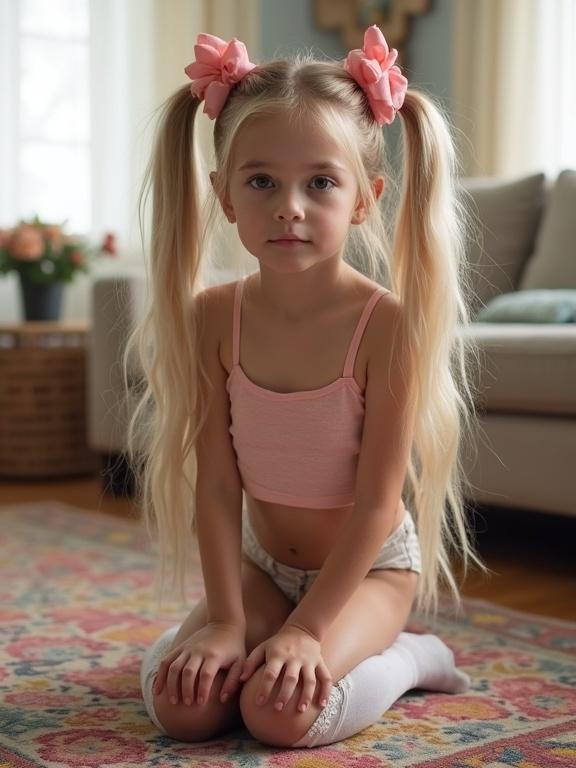 A young girl with long blonde twin tails styled with pink bows kneels on a colorful rug in a softly lit living room. She wears a short crop top and pale shorts, along with lace-detailed thigh-high socks and simple black shoes. Her face radiates beauty and innocence.