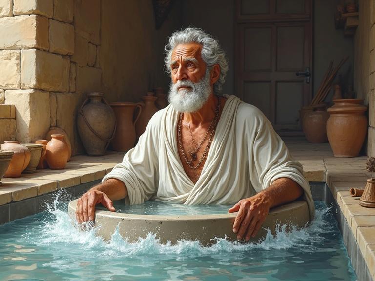 Sketch of elderly Archimedes in a stone bathtub filled with water. He looks amazed as water overflows. The setting is a rustic Greek interior with stone walls and clay pottery. Archimedes wears a simple white robe. The scene embodies a moment of intellectual discovery.