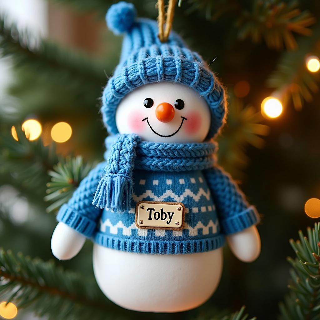 Snowman ornament hangs from Christmas tree. Blue hat and scarf adorn the snowman. Jumper displays the name Toby on a plaque. Background features Christmas tree branches with lights.