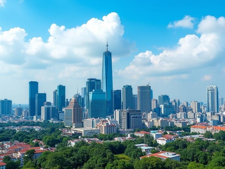 Photograph captures a vibrant city skyline. Modern skyscrapers with glass facades. Older buildings feature red and orange roofs. Green trees interspersed throughout the urban landscape. Prominent tall building highlighted in the center. A high angle shot of a dense urban area. Bright blue sky with fluffy white clouds and clear weather conditions. Mixed architectural styles including older and newer designs. High-quality visual of an urban environment.